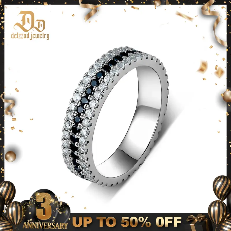 Delzzad Handmade Pave Ring Band Black and White Synthetic Moissanite S925 Christmas Gift