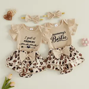 Canrulo Newborn Baby Girl Mother's Day Clothes Ribbed Sleeve Romper Top Leopard Ruffle Shorts Bow Headband Infant Summer Outfits 0-18M