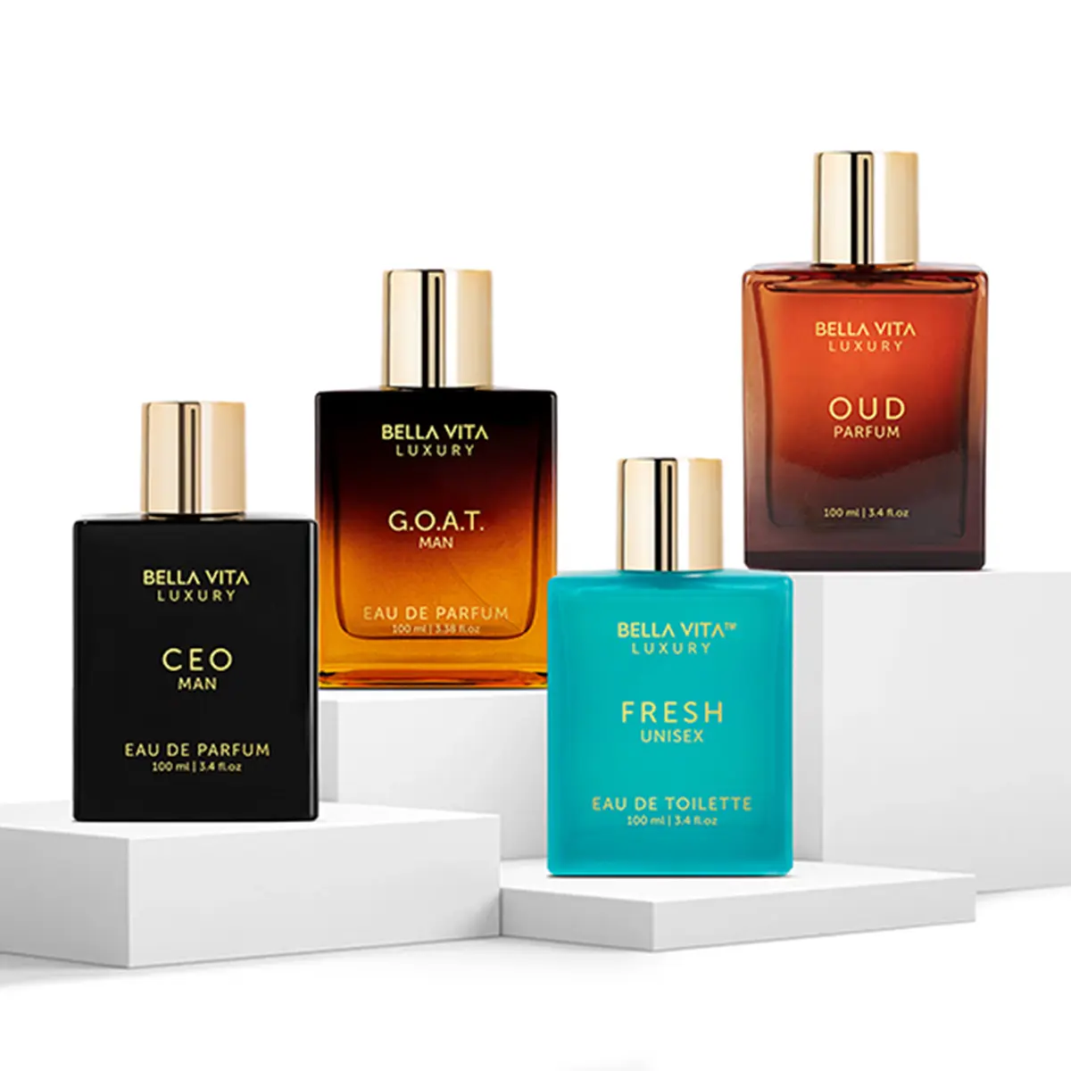 The Legendary League by BellaVita Luxury | 4x100 ml Perfume Set | CEO Man, G.O.A.T. Man, Fresh & Oud | Luxury Unisex Perfume for Men & Women | Long Lasting, Citrus, Woody, Musky, Sweet & Floral Notes | Luxury, Vegan & Cruelty Free Eau De Parfum Captivatin