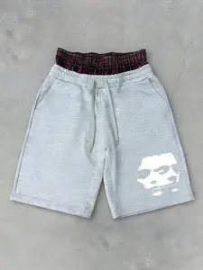 Men's Double-Waist Plaid Lined Graphic Shorts | Premium Fleece Fabric | Abstract Face Print | Streetwear Essential | Ideal for Urban Style & Streetwear Enthusiasts | Casual Drawstring Shorts | Casual Fashion Shorts