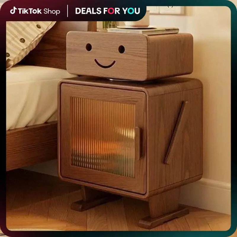 【NEW】100% Solid Wood, Robot Nightstand, Nightstand with 360°Rotating, Creative Nightstand for Kids, Narrow Nightstand, End Table for Bedroom,Living Ro