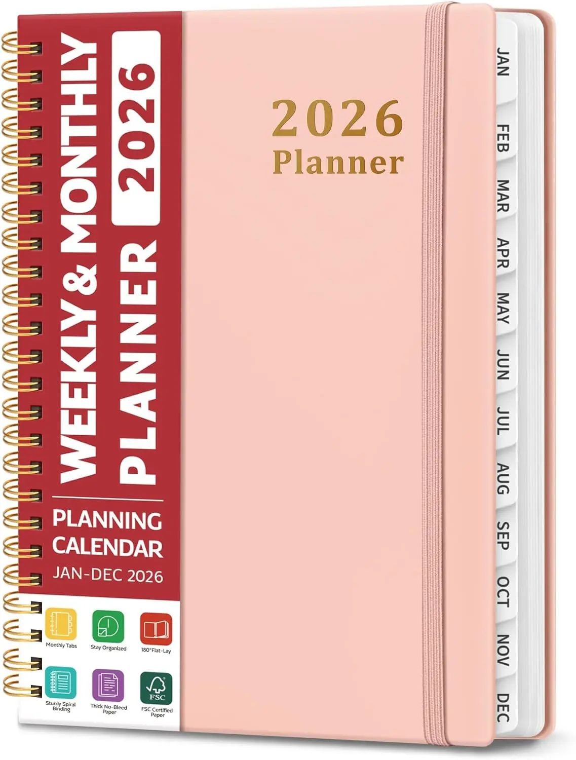 2026 Planner, Weekly and Monthly Calendar Planner, January 2026 - December 2026, Hardcover 2026 Calendar Book with Tabs For Women & Men, Inner Pocket, Spiral Bound, Perfect for Office Home School Supplies - A5 (6.3" x 8.5"), Pink