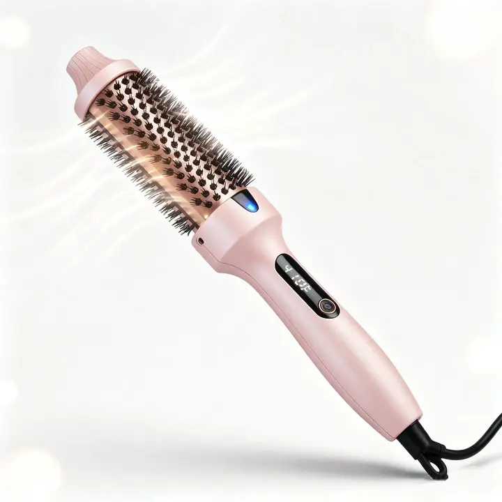 1.5-Inch Ionic Heated Round Blowout Dryer Brush - Multifunctional Straightener Comb Styling Tool with 6 Heat Settings, Dual Voltage, Chic Pink Design, LED Display for Home Use, Hair
