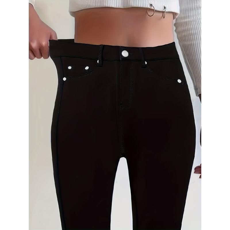 Women'S High-Waist Stretch Slim Fit Skinny Jeans in Solid Black - Elegant Rayon Denim with Button Detail, Medium Stretch, All-Season Wear