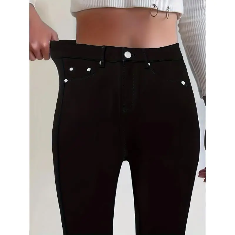 Women'S High-Waist Stretch Slim Fit Skinny Jeans in Solid Black - Elegant Rayon Denim with Button Detail, Medium Stretch, All-Season Wear