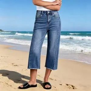 High Waisted Wide Leg Capri Jeans, Stretchy RawHem Side Seam Denim Pants in  PlatinumWash