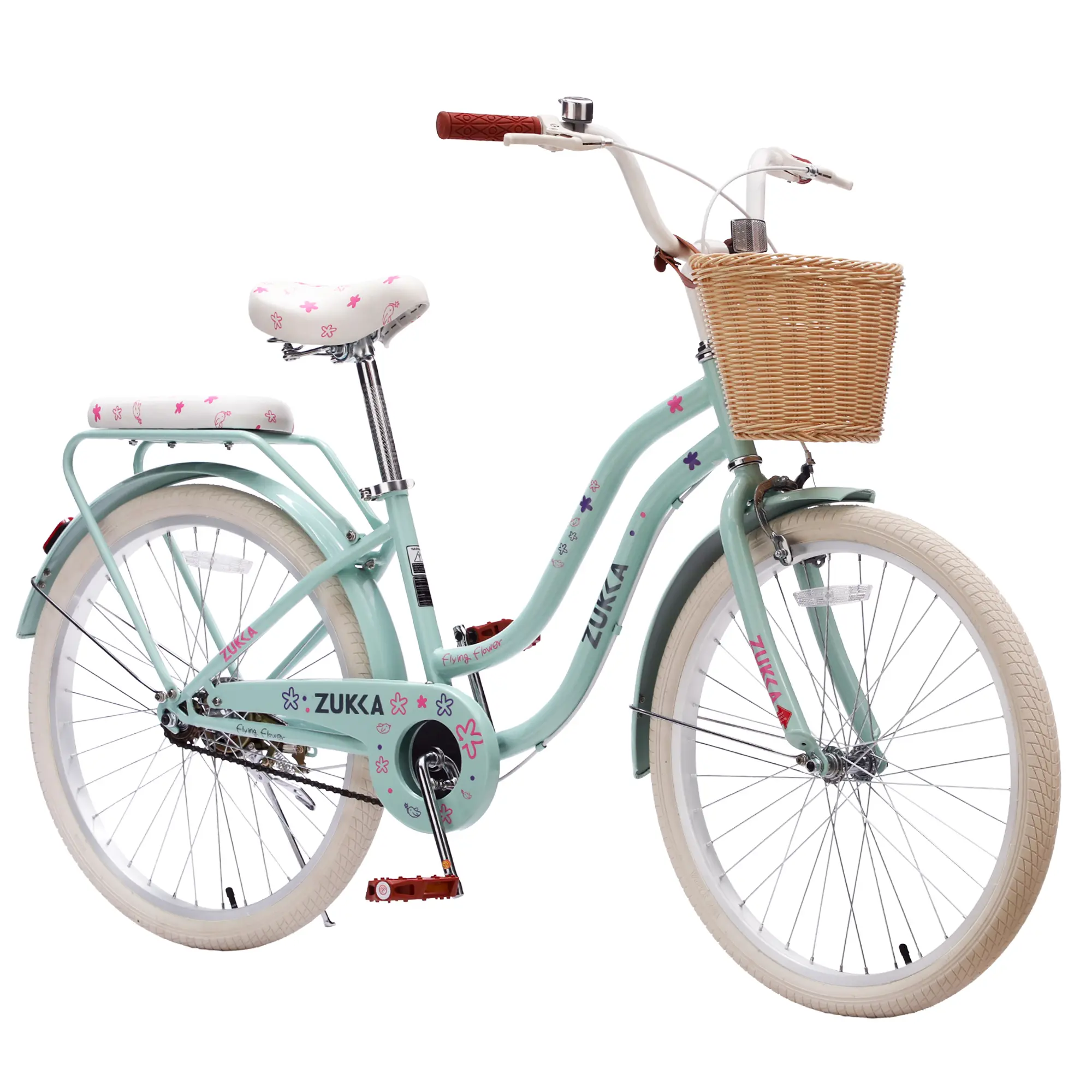 24 Inch Cruiser Bike with Wicker Basket & Rear Rack, Single Speed Commuter Bicycle, High Carbon Steel Frame, Comfort City Bike for Outdoor Riding, Multiple Color Options
