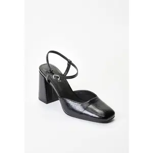 JUST FAB Women's Classic Black Chunky Heeled Pumps - 3.25 in Square-Toe Footwear, Adjustable Buckle Ankle Strap, Comfortable Design, Stylish Elegant Women's Heels