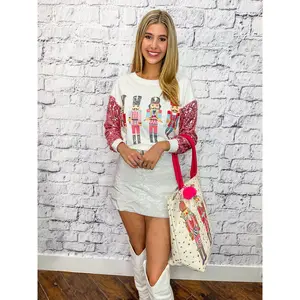 Dance of the Sugar Plum Nutcracker Sequin Sleeve Top - White/Pink