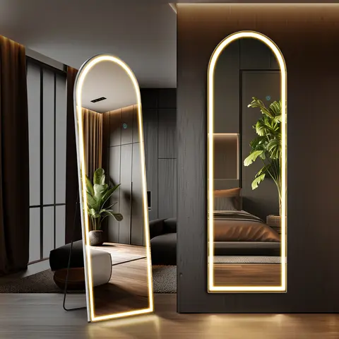 Sweetcrispy Dimmable 3-Color LED Full-Length Glass Mirror - Modern Aluminum Frame Freestanding Vanity Mirror, Explosion-Proof Smart LED Display Bathroom Fixture, Gym & Bedroom Decor Home Accessory