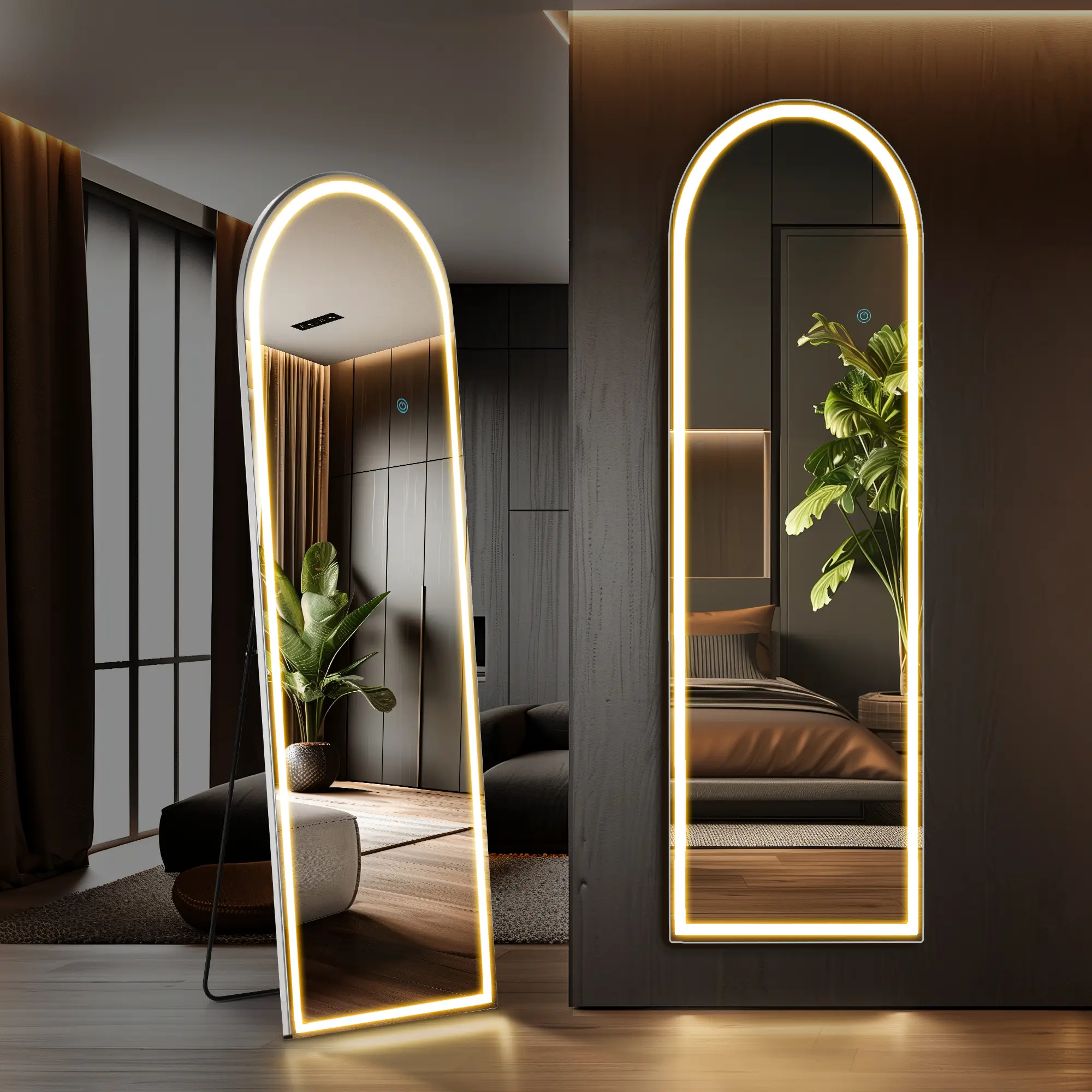 Full Length Mirror with LED Lights, 60"x16"Floor Mirror with Dimming & 3 Color Lighting, with Stand for Bedroom, Dressing Room, Arched Decor mirror