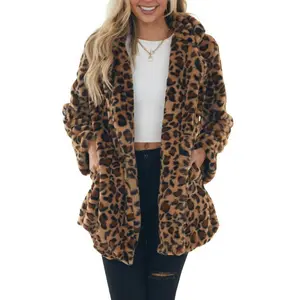Women's Sexy Cozy Leopard Print Faux Fur Jacket with Pockets, Oversized Winter Coat, Casual & Formal Wear for Parties, Everyday Outfits, Warm Outerwear Womenswear Coffee Khaki S-XL