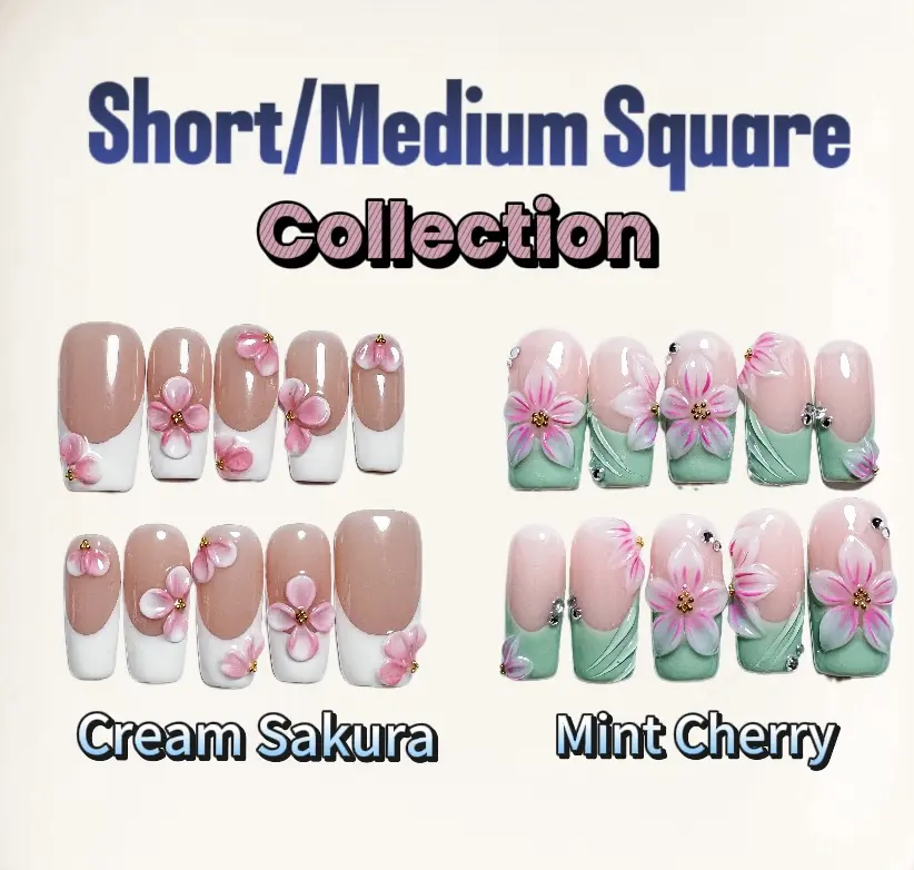 NailPopCo Short-Medium Square Press On Nails, Blush Pink Cherry Blossom Floral Ribbon Handmade, Easy-Apply False Nails Collection for Gentle Girls, Handmade Press On Nails