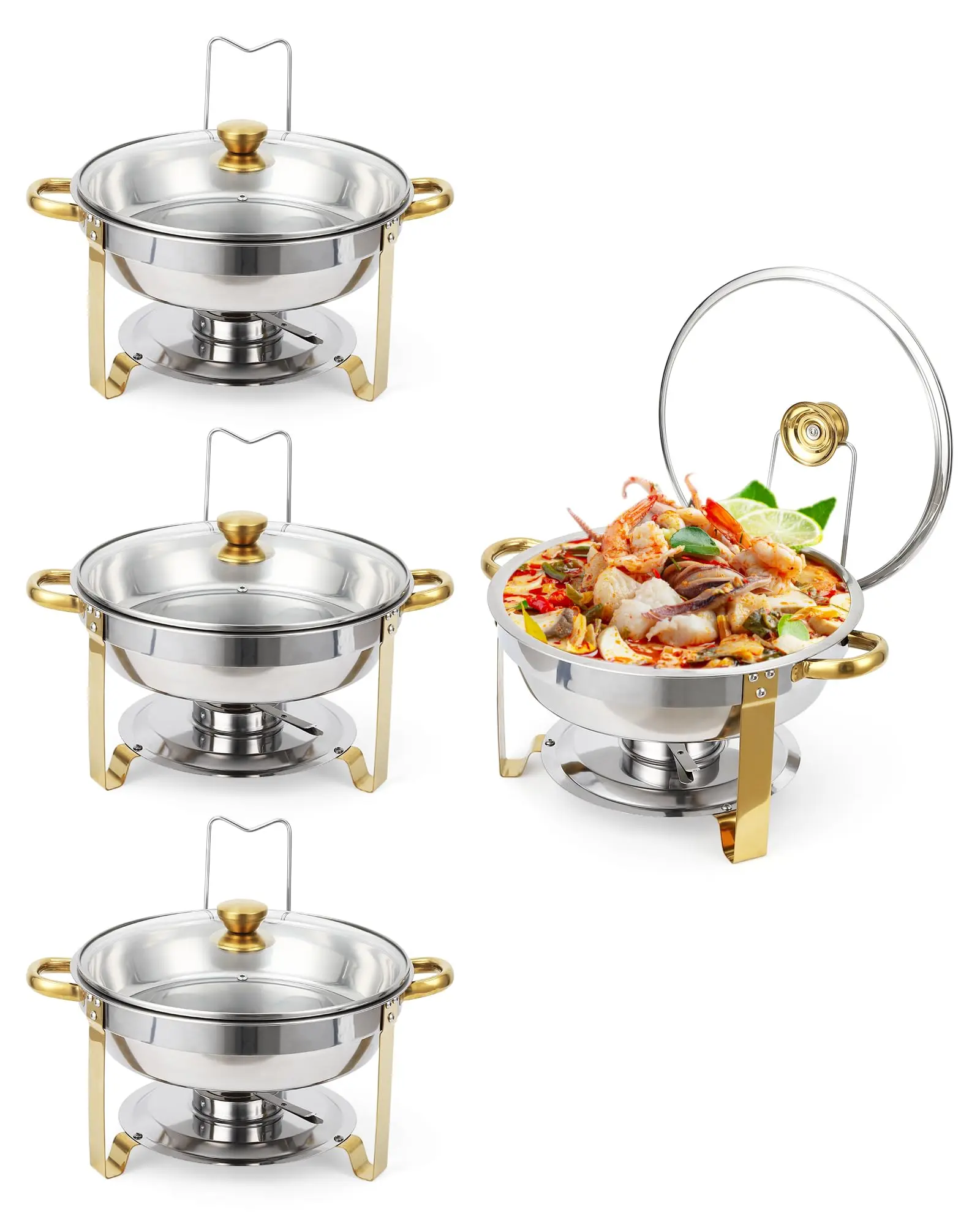 Garvee 4 Pack 5QT Stainless Steel Round Chafing Dish Buffet Set with Lid Holder and Visible Glass Lid, Food Warmer with Food and Water Pans for Party Catering and Wedding, Gold