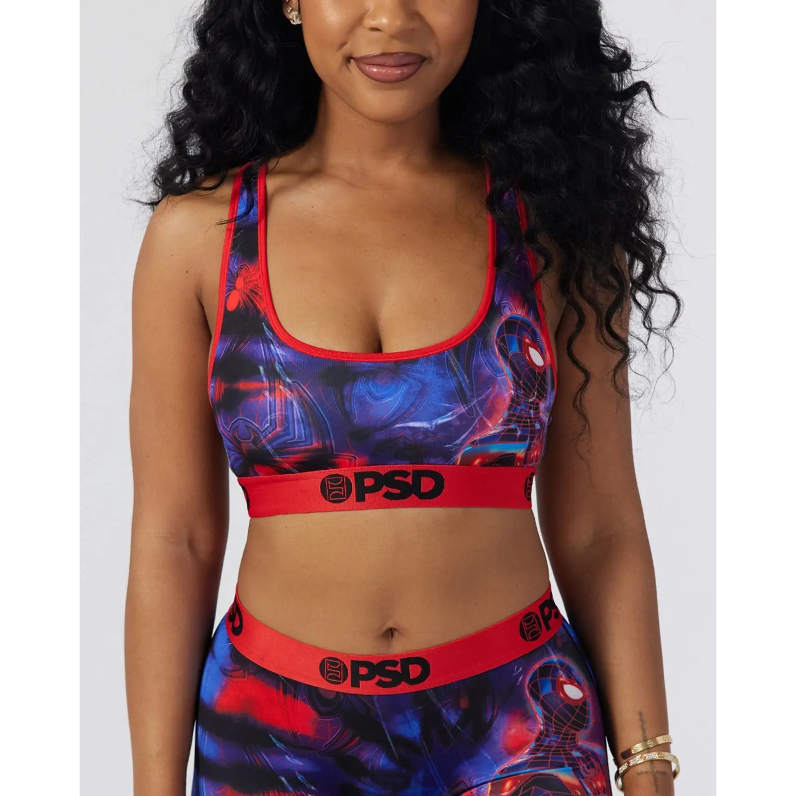 PSD Womens Marvel - Miles Morales Racerback Sports Bra - Comfortable, Breathable, Ultra-light Fabric PSD Womens Marvel - Miles Morales Racerback Sports Bra - Comfortable, Breathable, Ultra-light Fabric