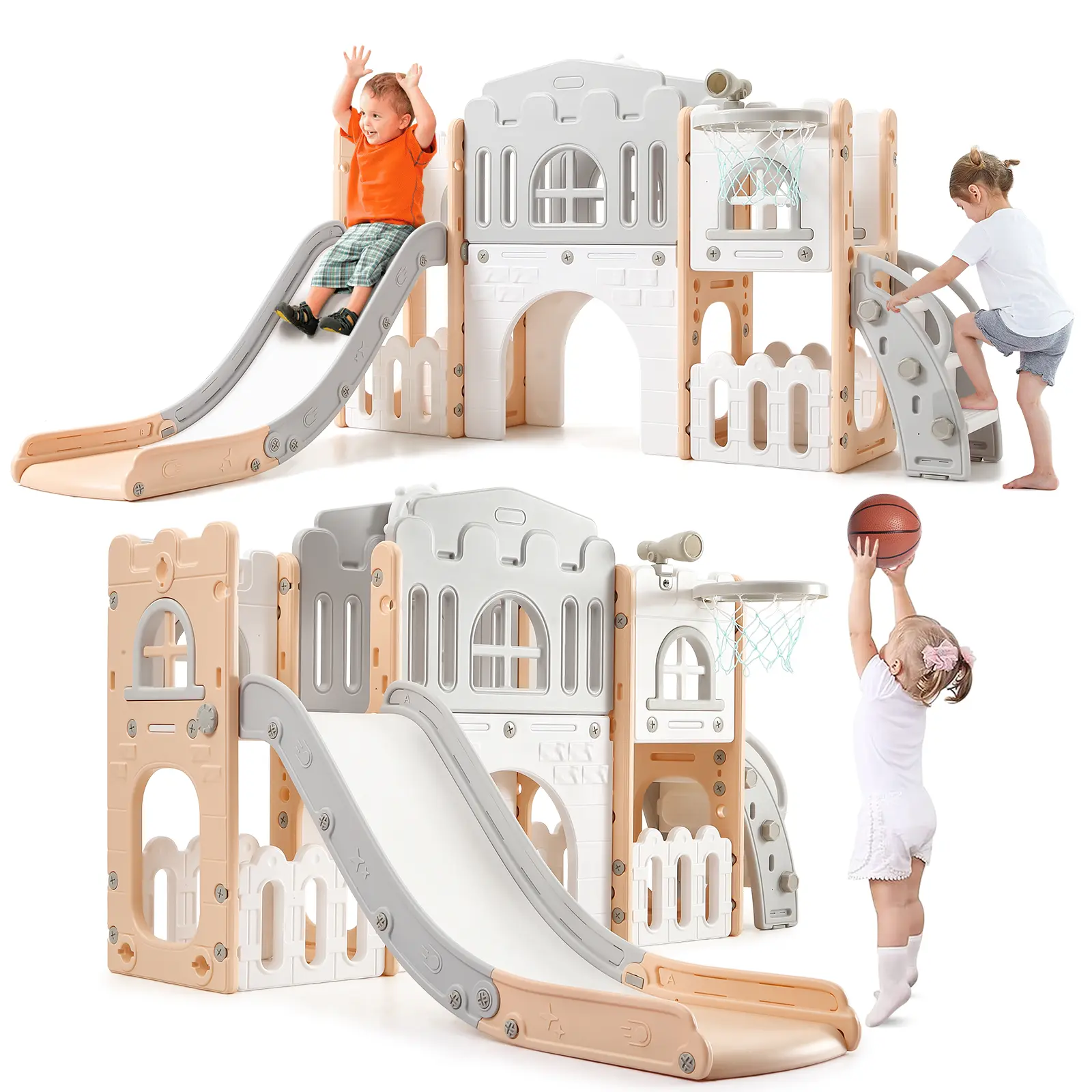 8 in 1 Toddler Playset Indoor Outdoor Playground for Toddlers Age 1-3, Baby Playset with Slide, Climber, Telescope, Basketball Hoop, Crawling Tunnel &  Storage, Kids Jungle Gym Playsets