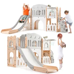 8 in 1 Toddler Playset Indoor Outdoor Playground for Toddlers Age 1-3, Baby Playset with Slide, Climber, Telescope, Basketball Hoop, Crawling Tunnel &  Storage, Kids Jungle Gym Playsets
