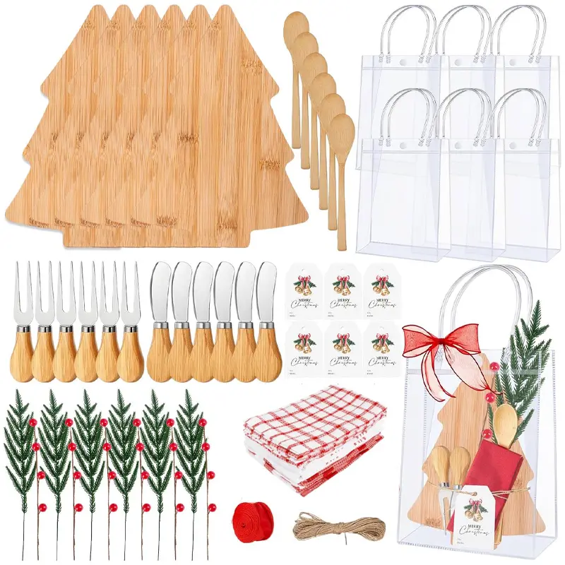 Christmas Guest Favor 6 Sets Mini Bamboo Cheese Board Kit 56PCS, Charcuterie Serving Board with Utensils, Clear Handbag, Red Cloth, Hang Tags, Hemp Rope for Xmas Party Giveaway Gifts baby shower gifts