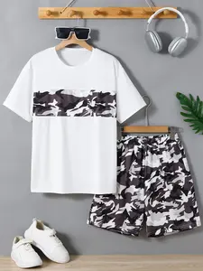 Boys Summer Camo Patchwork T-Shirt + Elastic Waist Camo Pants Set, Camo Suit, Camouflage Patchwork, Streetwear Casual, Streetwear Appeal, Cool Style, Youth Fashion