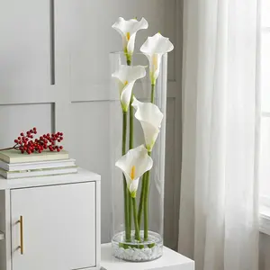 OUTGOODS Real Touch Calla Floral Artificial Flowers Set in Glass Vase with Faux Water – Elegant Fake Floral Arrangement – Perfect Table Centerpiece for Home, Office, or Wedding Decor