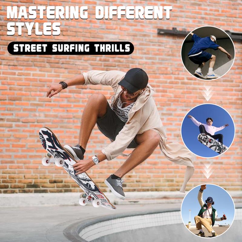 Professional Double Kick Skateboard, 31 inch Maple Deck, ABEC-9 Bearings, 95A PU Wheels, Custom Graphic Design