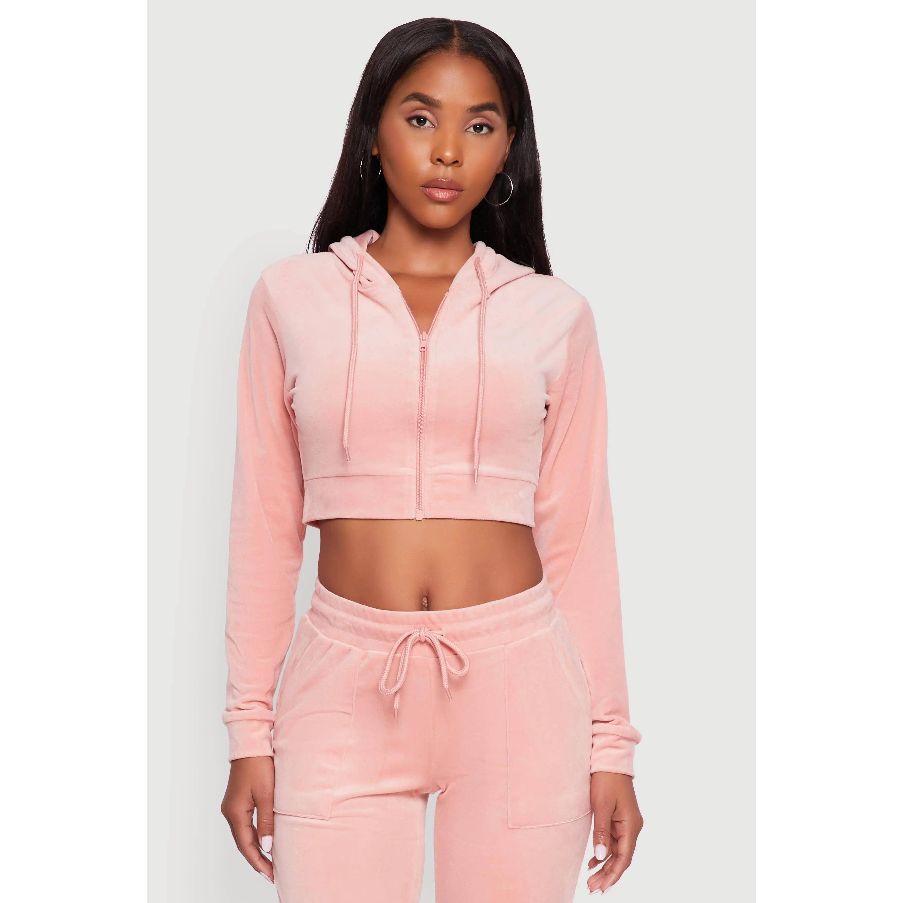 Velour Cropped Hooded Sweatshirt