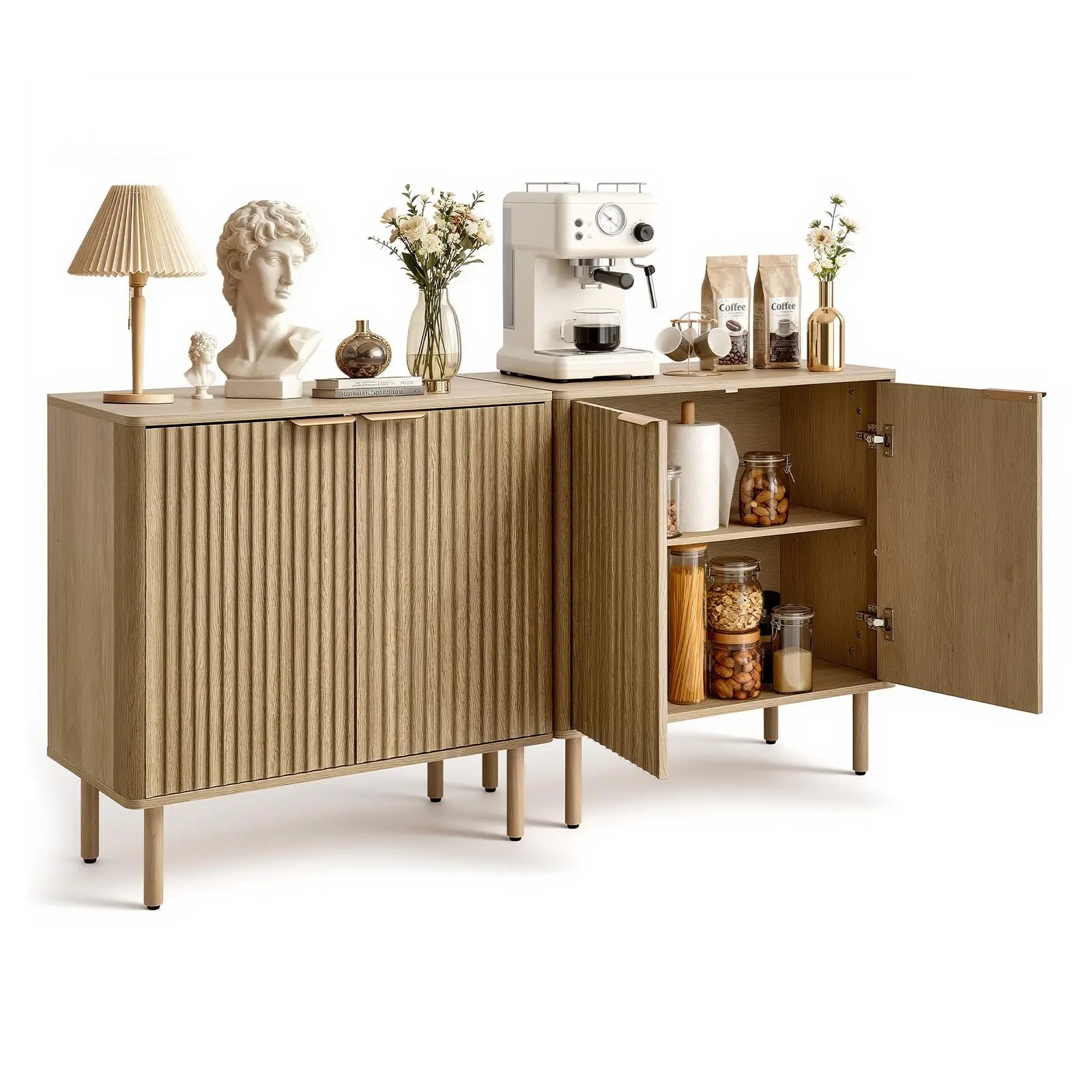 【SummerFinds】VEVOR Retro Sturdy Mid-Century Fluted Wood Particle Board Cabinet, 2-Tier Storage Table with 4 Barn Doors, Buffet Sideboard Coffee Bar Station (Top Holds Up to 66 lbs) for Living Room, Entryway (31.5x14.7x31.5 in, Single)