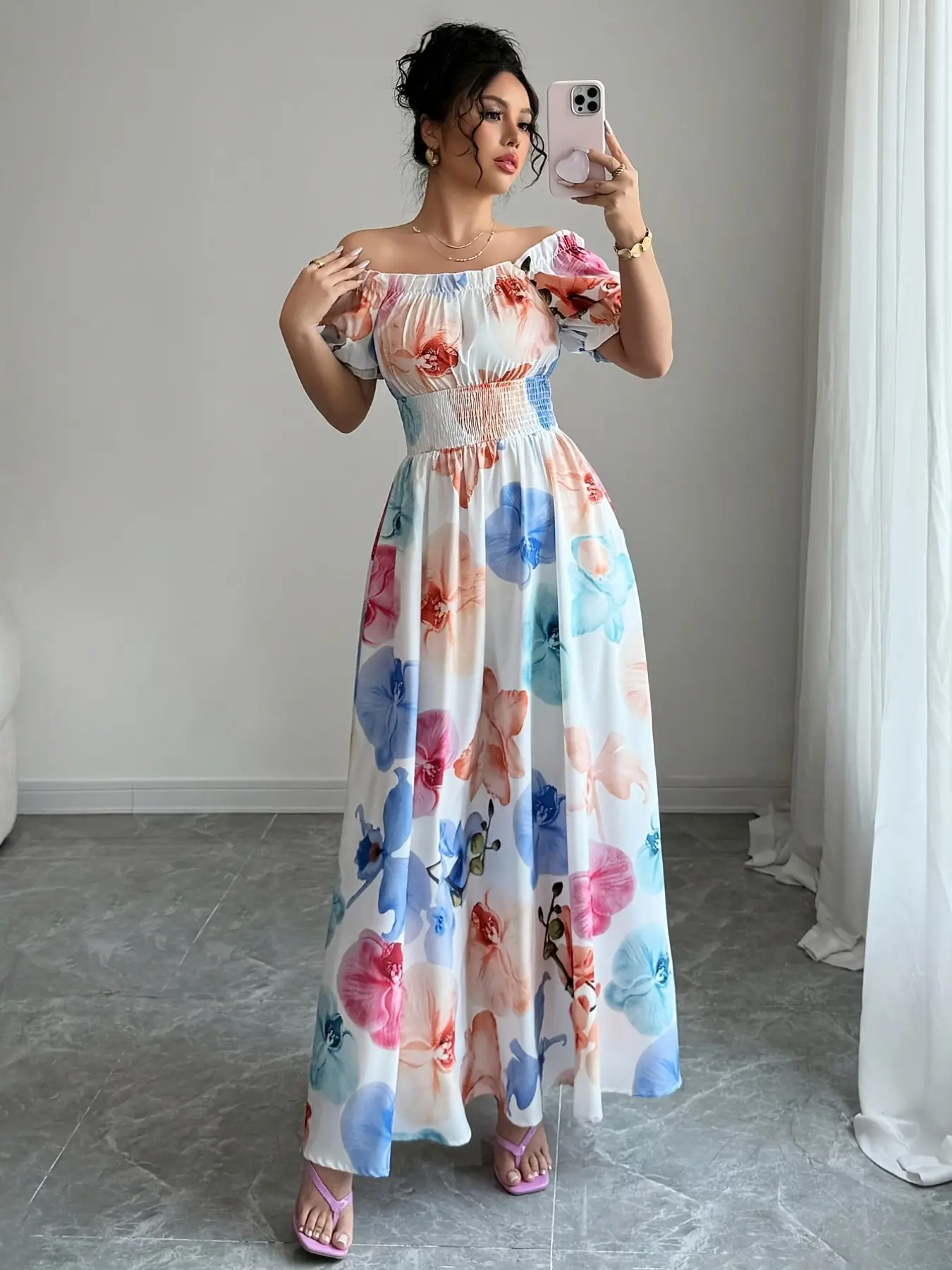 French Elegance Casual Classy Elegant Square Neck Lantern Sleeve Waist Cinched Floral Print Bell Hem Casual Wear Summer Dress, Dress For Summer, Bohemian Summer Dresses, Bohemian Vacation Style, Boho, Womenswear