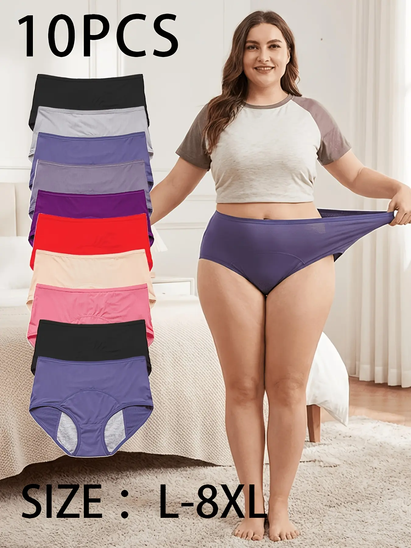 10-Pack Women's Plus Size Leak-Proof Period Panties - Mesh Ultra-Breathable High-Elasticity Panties With Three-Layer Leak-Proof Design, High-Waisted Tummy Control Underwear For Women Fabric Smooth