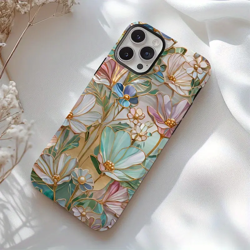 This durable, shock-absorbing, glossy 2-in-1 phone case features a romantic floral design with stained glass patterns. It's compatible with iPhone 17, 16, 15, 14, 13, 12, 11, X, and Samsung models. It makes a great holiday gift for friends or family.