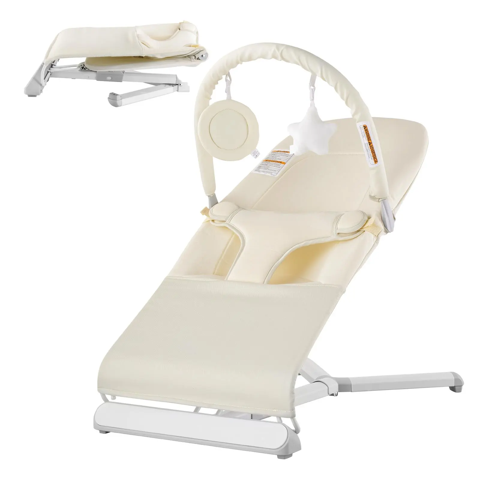 【FathersDayGift】VEVOR Baby Bouncer,  , Folding Bouncer Seat for Babies 0-9 Months, Newborn Bouncer Chair with 2 Reclining Angles & Rotatable Toy Bar, Portable Infant Rocker with Carrying Bag for Indoors Outdoors, Beige