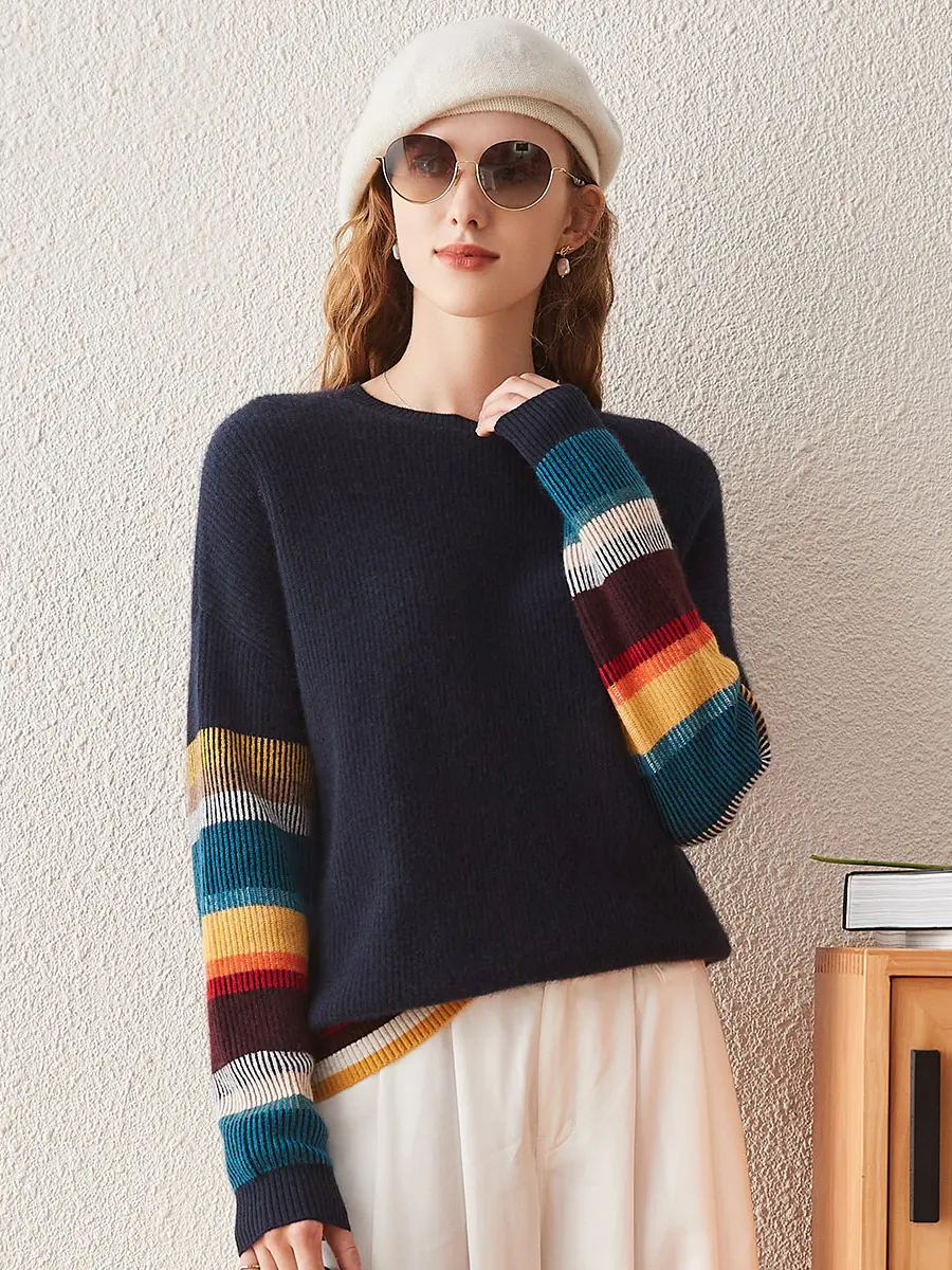 COMOBOCA Women's 100% Cashmere Longsleeves Top, Casual Round Neck Knitwear with Colorful Striped Sleeves, Fitted, Crew Neck, Pure Cashmere, Medium Length, Lady, Hand Wash Only, Knitting, Long Sleeve, Pull On, Normal Type