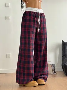 American Vintage Plaid Wide Leg Pants, High Waist Drawstring Loose Fit Slimming Floor-Length Casual Pants