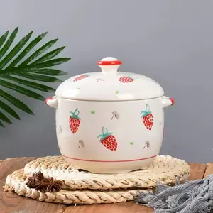 Strawberry Pattern Durable Ceramics Steaming Egg Bowl Set, Covered Soup Bowl for Kitchen Cooking, Rice Porridge & Corn Stew Dishes, Covered Bowls