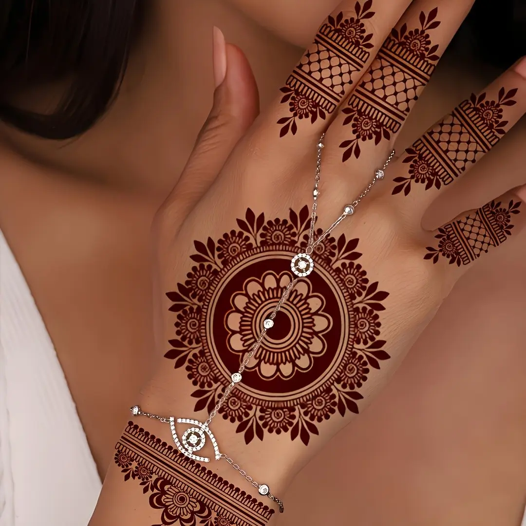 2 Pcs Henna Flower Lace Mandala Temporary Tattoo Stickers, Waterproof Floral Fake Tattoos, Body Art Makeup for Weddings Parties