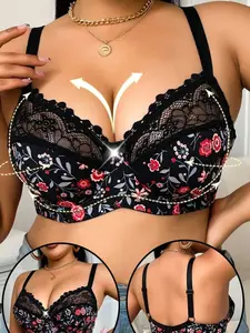 Plus Size Women's Fantasy-Elegant Underwire Bra with Adjustable Straps Black Push-Up Bra for Daily Wear