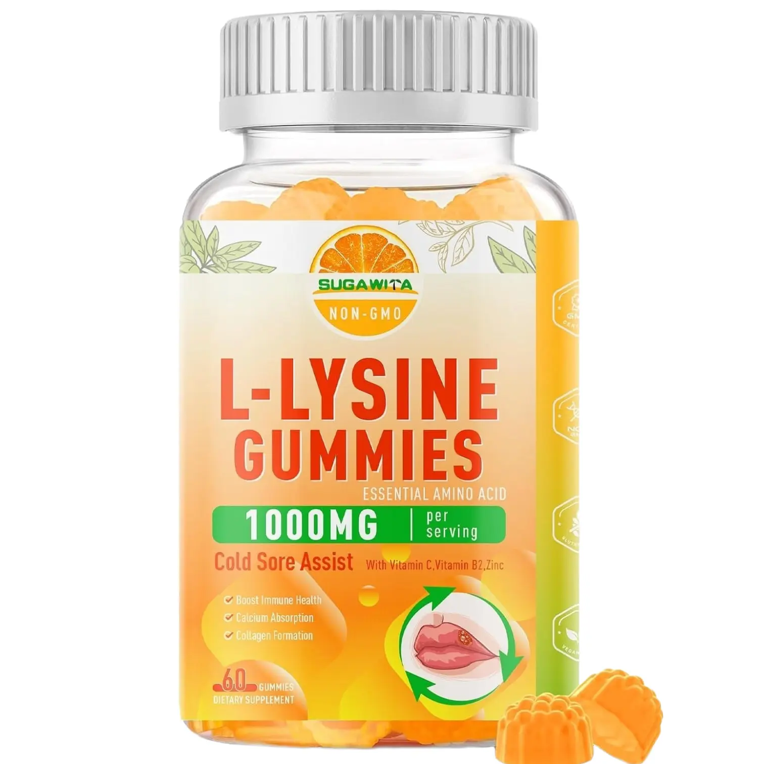 SUGAWITA L-Lysine Gummies 1000 mg, Cold Sore Supplement with Immune Support for Lips & Oral, Chewable L Lysine Gummies for Adults & Childrens, Boost Immune & Collagen, Non-GMO, Vegan, Gluten Free - 60 Gummies