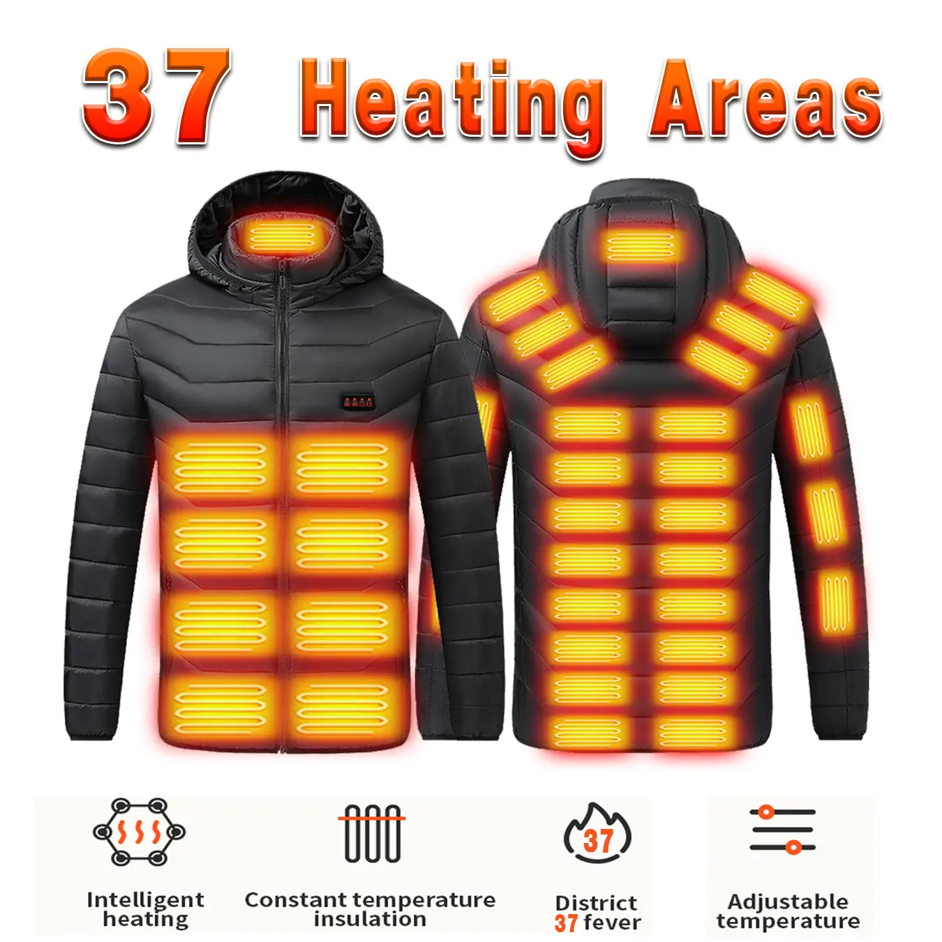 37 Heating Zones Electric Heated Jacket for Men Women, Full Body Warm Winter Coat with 4 Separate Heating Controls and 3 Heat Levels, USB Powered Thermal Jacket for Outdoor Work, Motorcycle Riding, Fishing, Hunting, Skiing and Cold Weather Activities.