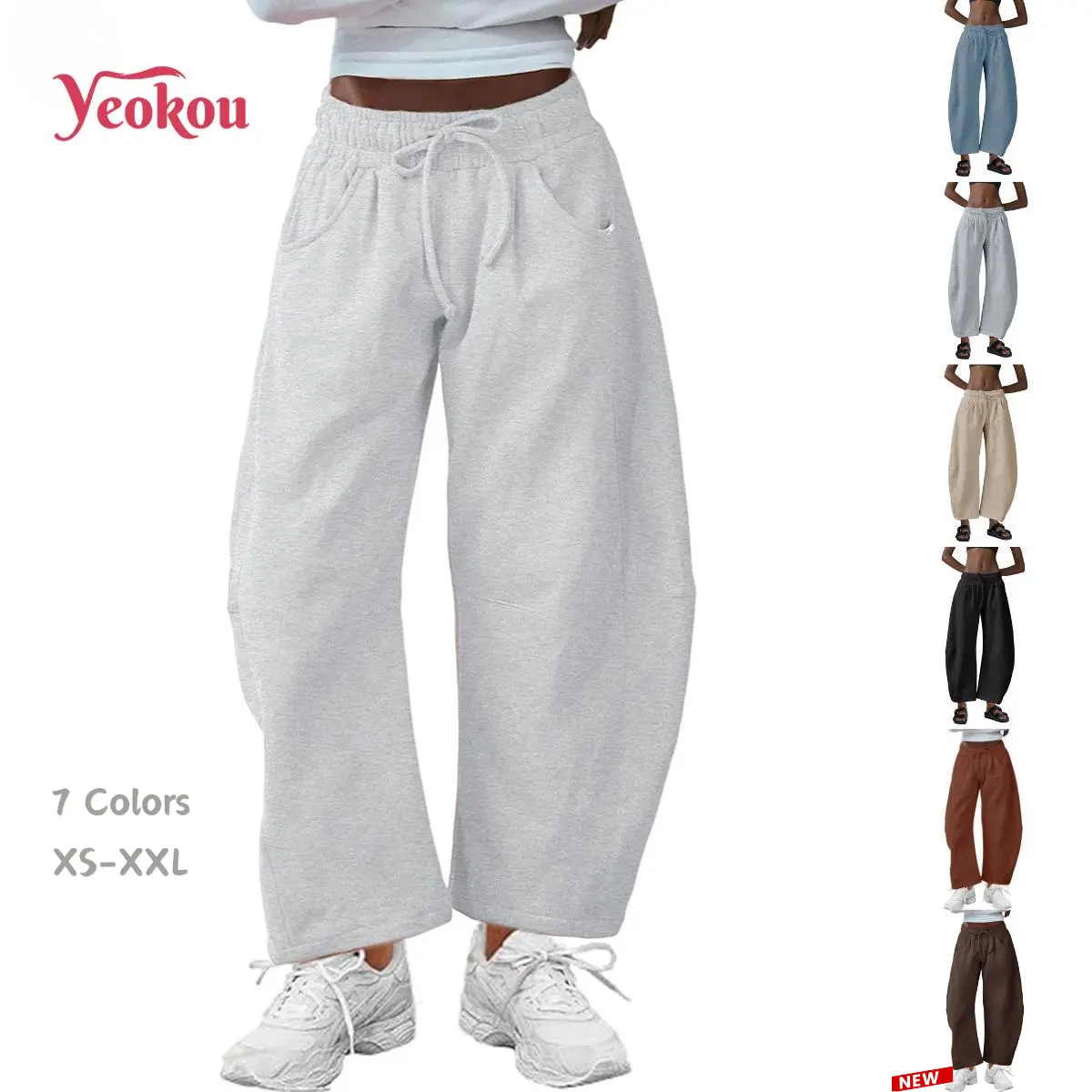 Yeokou Women's Soft Minimalist Basic Plain Casual Bottoms, Drawstring Elastic Waisted Barrel Leg Cotton Wide Leg Pants with Pockets