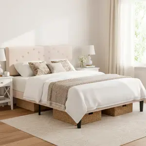 Bed Frame with Height-Adjustable Upholstered Headboard, Crystal Buckle Accents, Beige