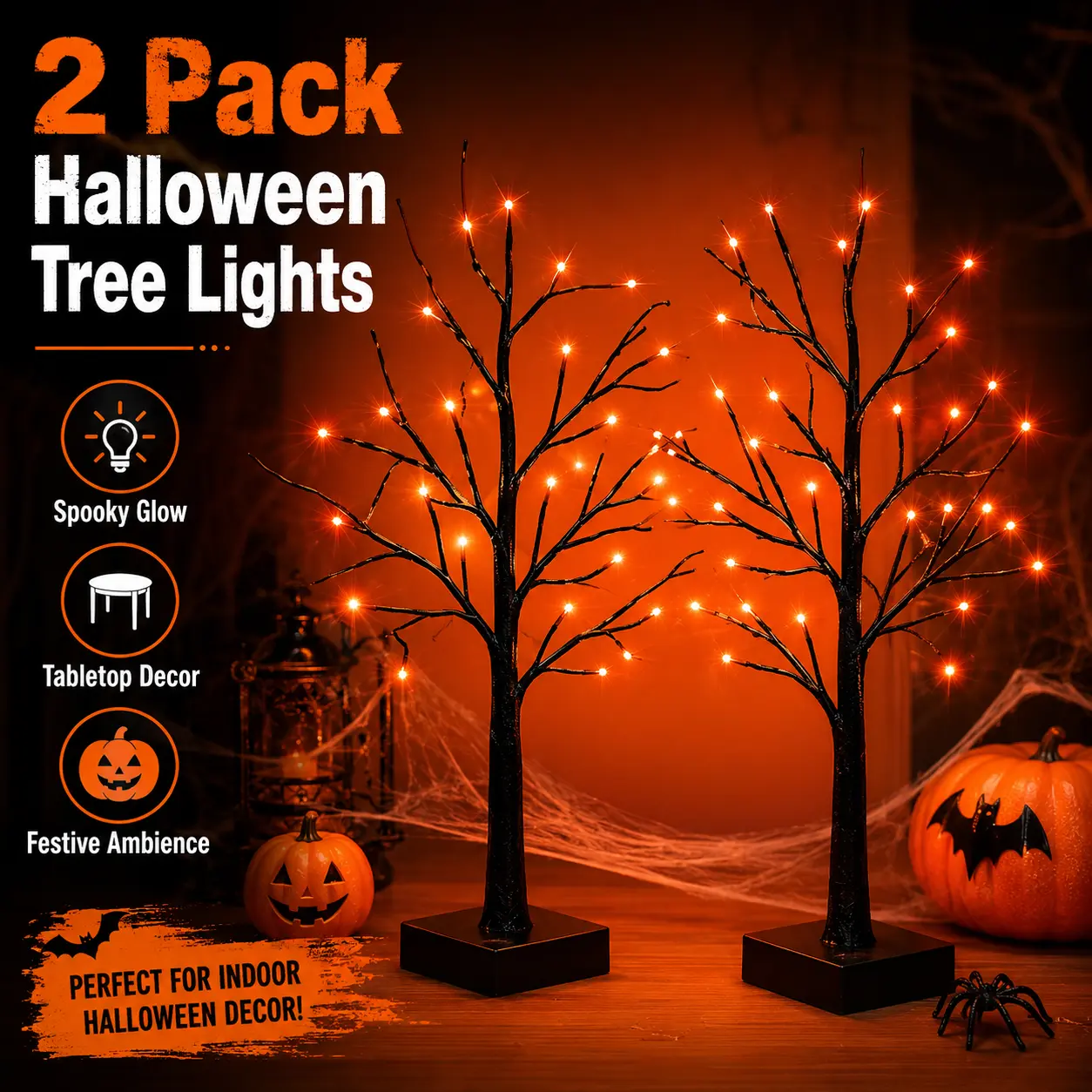 2 Pack Halloween Lighted Black Spooky Bare Tree with Orange LED Lights, Artificial Tabletop Decor Tree, USB & Battery Powered Halloween Decor Lights for Indoor Home, Mantel, Window, Party, Horror Pumpkin Skeleton Scene Atmosphere Ornament Lamp