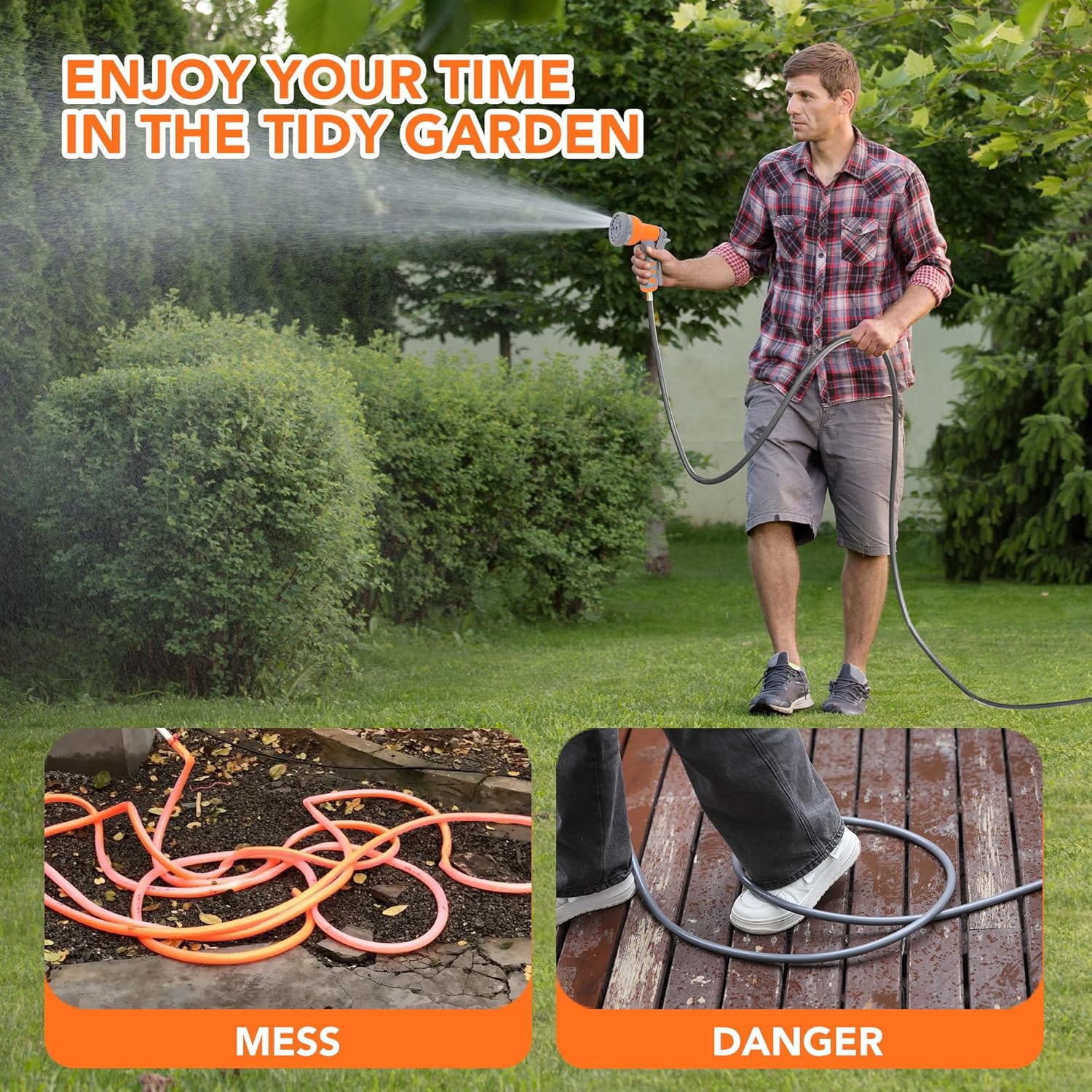 Garden Hose Reel, 1/2 in x 65/100 ft Wall Mounted Retractable Water Hose Reel with 9 Function Sprayer Nozzle, Any Length Lock, 180° Swivel Bracket, Automatic Rewind and Slow Return System Garden Hose Reel, 1/2 in x 65/100 ft Wall Mounted Retractable Water Hose Reel with 9 Function Sprayer Nozzle, Any Length Lock, 180° Swivel Bracket, Automatic Rewind and Slow Return System