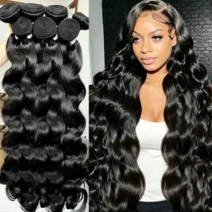 Odbe Hair Natural Black Body Wave 12A Brazilian Remy Virgin Human Hair Bundles 3/4 Pcs Double Drawn Unprocessed Raw Hair Weave Extensions for Women Sew In Deals