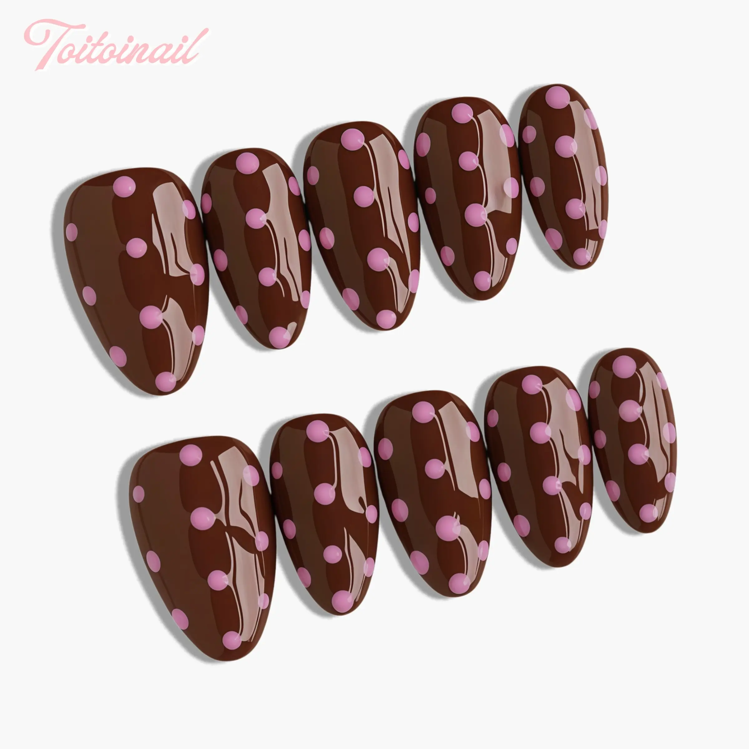 Choco Dot Handmade Press-On Nails, Fake Nails, Nail Art Design, Nail Art Supplies, Short Almond Shape, 10pcs, Spring Summer Trending Chocolate Brown & Pink Polka Dots, Cute Nails, High Gloss Mirror Finish, Reusable DIY Manicure Kit for Women Daily Wear