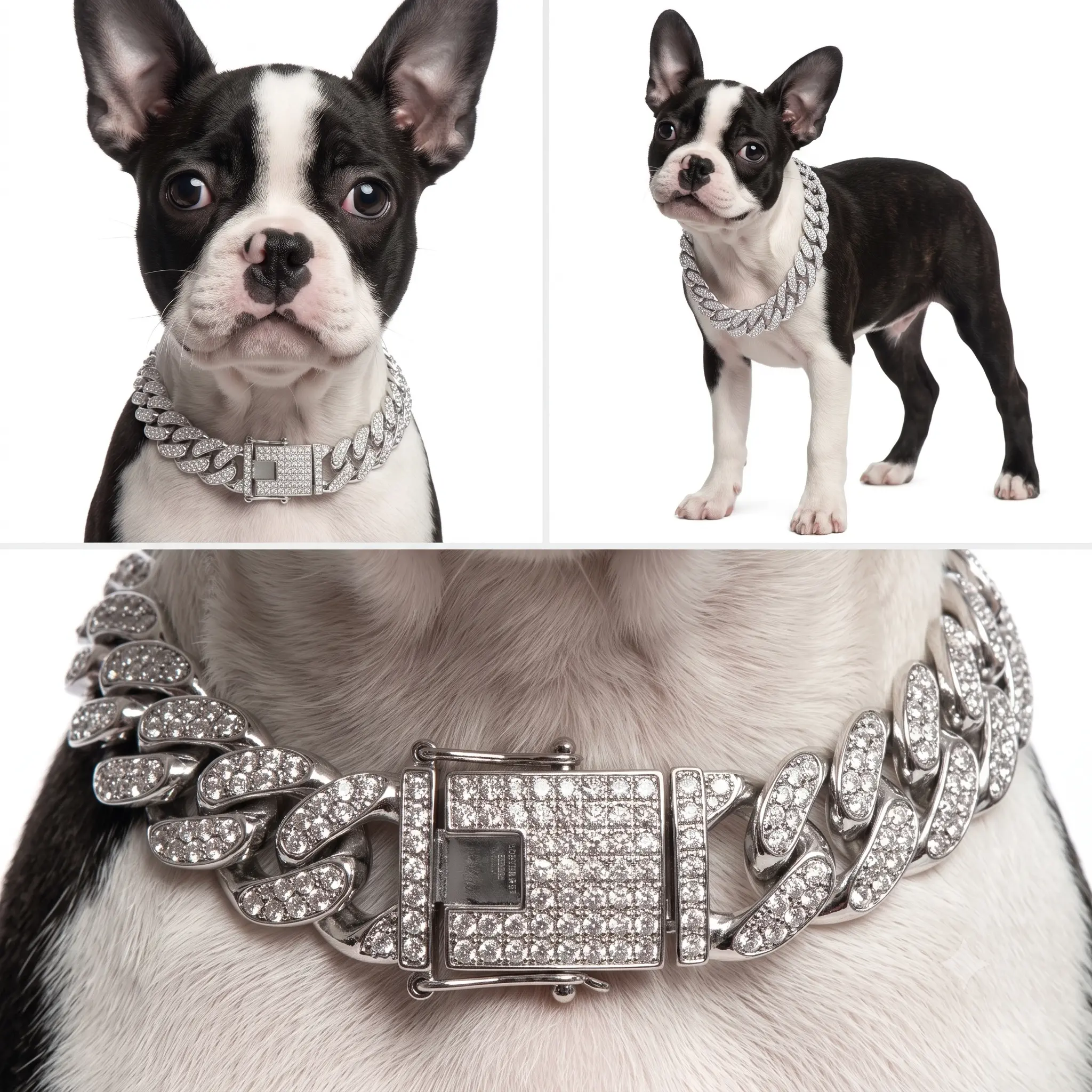Luxury Dog Collar with Rhinestones and Silver Tone Chain for Other Small Breeds