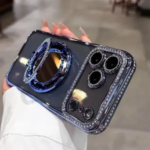 Women's Phone Case with Mirror & Stand for iPhone 17, 16, 15, 14, 13, 12, 11, X, XS, AIR, PRO, PLUS, MAX, AIR, Features Shiny Frame, High-Definition Transparent Material, Full-Body Drop-Resistant Design, Camera Protection #YJZSDDK+JZZJ