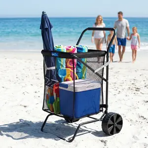 SurfGear Heavy Duty Folding Beach Cart with Wide Wheels, Large Capacity Mesh Wagon for Sand, Camping, Outdoor Utility Cart with Padded Handle