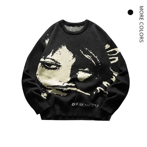 SAND SOUND Men's Edgy "Darkness" Portrait Print Round Neck Knit Sweater - Long Sleeves, Bold Text, Casual Loose Cut, Medium Size/Length, Alt Clothes, Fall Fashion Top for Artful Look, Halloween Ideal, Menswear, Knitwear, Male Clothing, Brand Clothing