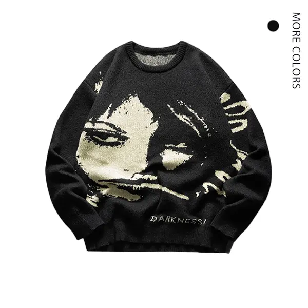 Men's Edgy "Darkness" Portrait Knit Sweater - Round Neck, Longsleeves, Unique Graphic, Bold Text, Casual Loose Sweatshirt, Medium Size, Fall Fashion Top for Artful Edgy Look