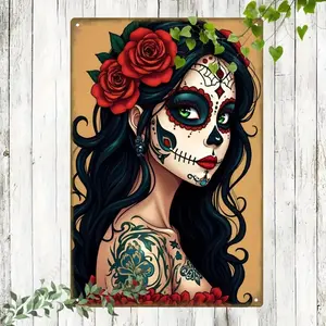 Gothic Metal Art Rose Rustproof Iron Wall Decor, Artistic Skull Floral Print Dia De Los Muertos Halloween Gift, Home Bar Garden Decoration